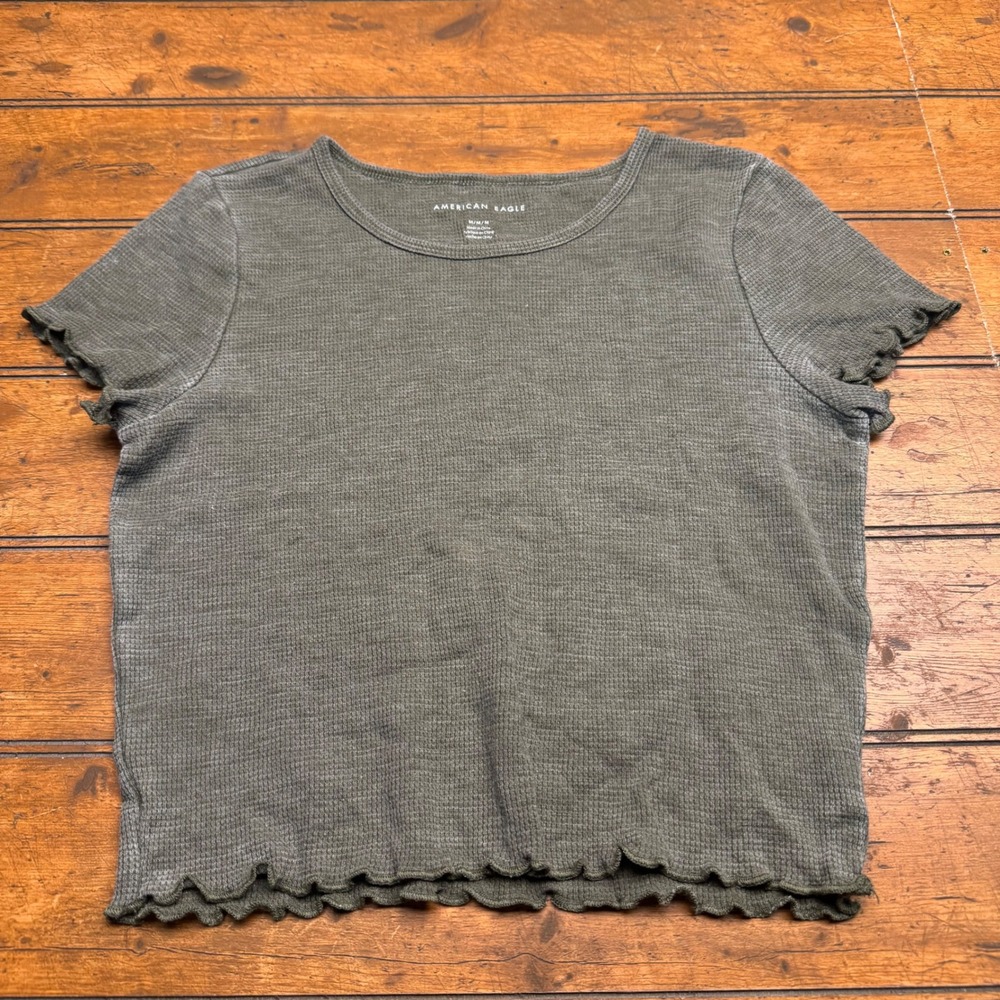 American Eagle Outfitters Olive Green Waffle Knit Lettuce Hem Crop Top Women's M